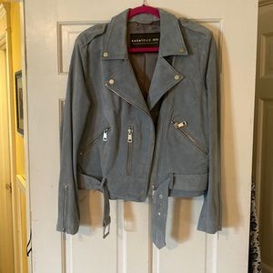 Baby blue suede faux motorcycle jacket. Never been worn. No tags. Size L